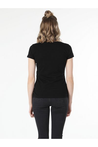 Colin's Tricou negru cu mânecă scurtă pentru femei, cu decolteu rotund, slim fit