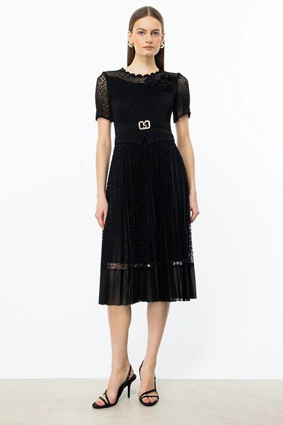 Ekol Floral Detailed Skirt Lace Dress Black