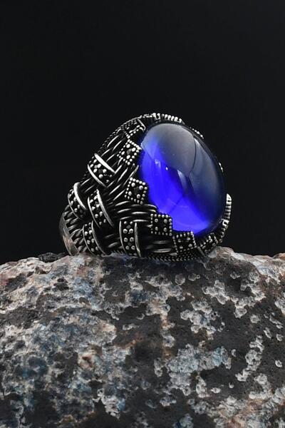 Prestige Erkek Yüzüğü Lacivert Zirkon Taşlı Zirkon Taş Süslemeli 925 Ayar Güm...