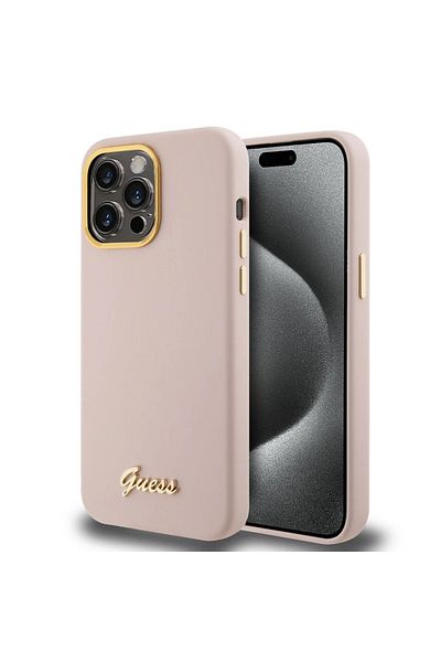 Guess Case for IPhone 15 Pro Silicone Script Metal Logo & Frame, Guess - Light Pink