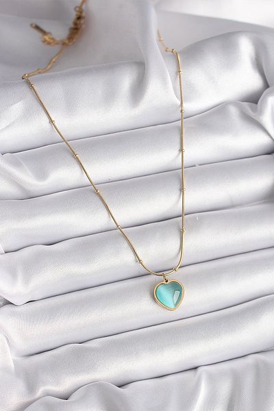 Skygo 316L Steel Gold Color Blue Cat's Eye Pearlescent Heart Model Women's Necklace - Tj-Bko9551
