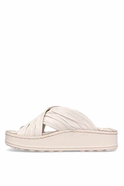 Mammamia D25Yt-1430 Women's Genuine Leather Flat Slippers Cream