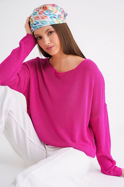 Mixray 6933 Women's Boat Neck Slim Seasonal Knitwear Sweater Fuchsia
