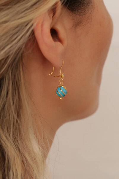 Bayar Gold 14 Ayar Altın Firuze Taşlı Kafesli Küpe