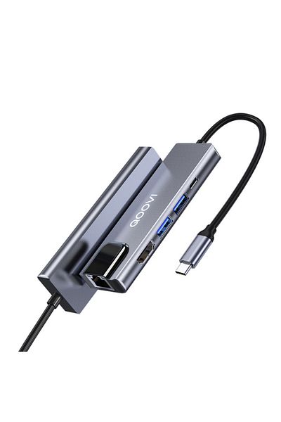 REDz Accessories Cable Hub 5 in 1, HDMI + USB + RJ45 + PD 100W, QOOVI, Type-C plug, 5GB data transfer, Gray