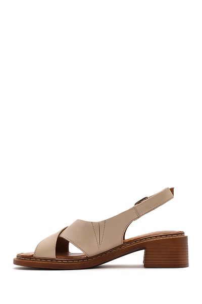 Derimod Women's Beige Ankle Buckle Short Heeled Leather Sandals 25Sfd342818