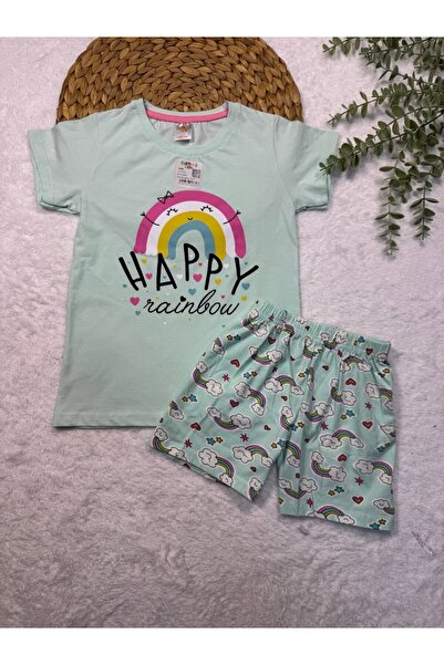 TİJK طقم بيجامة شورت قطن 100% مطبوع عليه Happy Girl