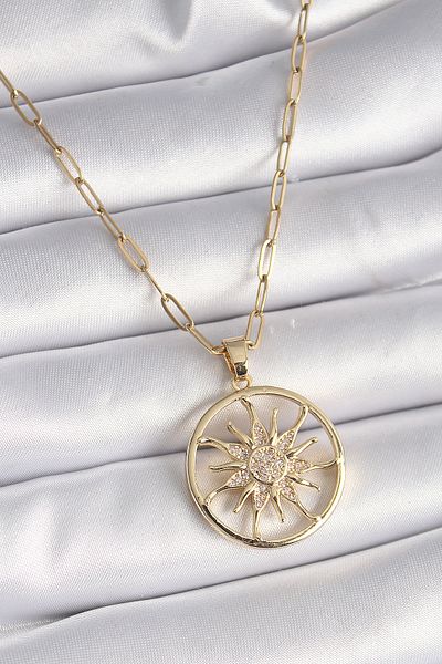 Skygo 316L Steel Gold Color Zircon Stone Sun Locket Model Women's Necklace - Tj-Bko9530