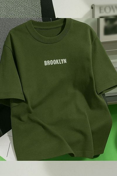 Trendseninle Unisex Ανδρικά/Γυναικεία Χακί BROOKLYN Πολύχρωμη Προσαρμοσμένη Εκτύπωση Μπλουζάκι με μπλουζάκι από βαμβακερό λαιμόκοψη