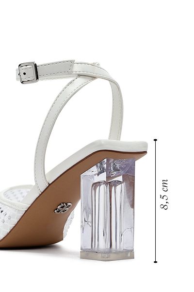 Derimod Women's White Ankle Buckle Stone Transparent Thick Heeled Sandals 25Sfe481714