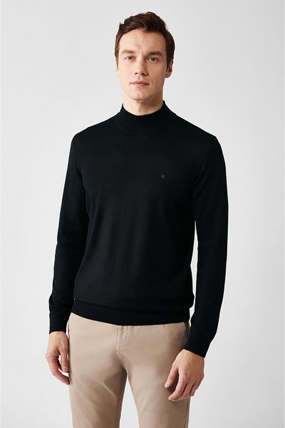Avva Men's Black Half Turtleneck Wool Blended Knitwear Sweater B 005015