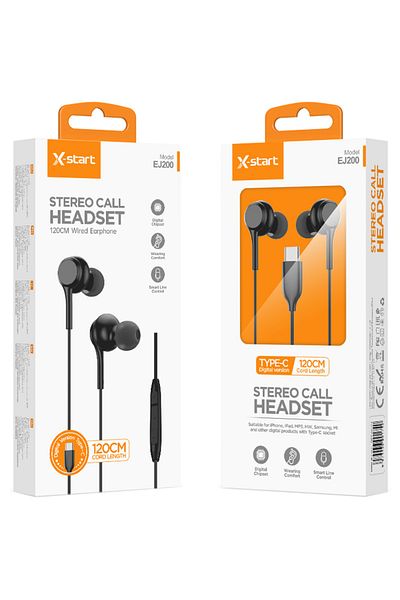 REDz Accessories Headphones with Type-C Cable 120cm, X-Start EJ200, Compatible with iPhone 15/16 and Android, Black