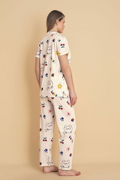 fehika Women's Cotton Lycra White Cherry Cat Print Buttoned Pajama Set