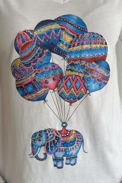 FEMELLE Tricou alb pentru femei, cu decolteu în V, cu model elefant, cu paiete, brodat, 100% bumbac