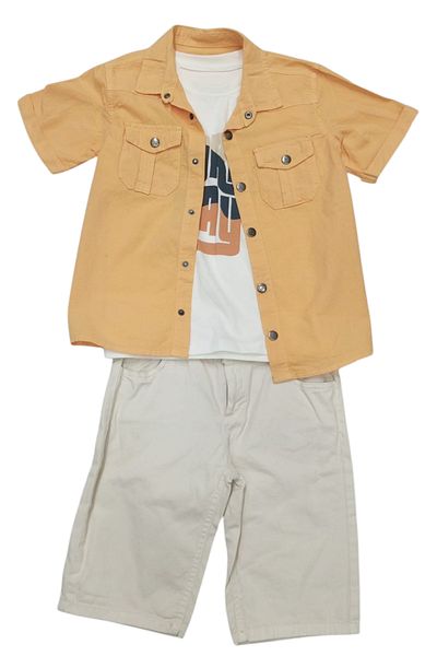 İrem Çocuk Giyim Boy's Surf Day Orange Linen Shirt Shorts Triple Set