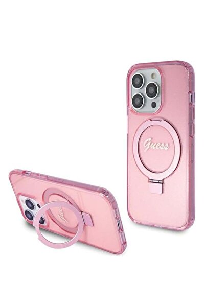 Guess Carcasă pentru iPhone 15 Pro cu suport inelar și sclipici - Roz