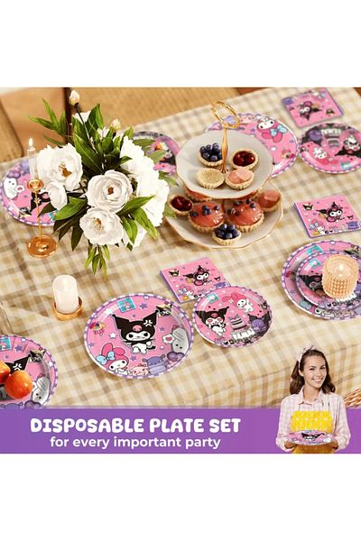 So Iconic Set de petrecere de aniversare cu 80 de bucăți Sanrio Kuromi pentru 20 de persoane / farfurie, ceașcă, șervețel din carton