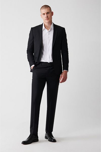 Avva Men's Black Swallow Collar Double Slit Lined Wool Suit B 007701