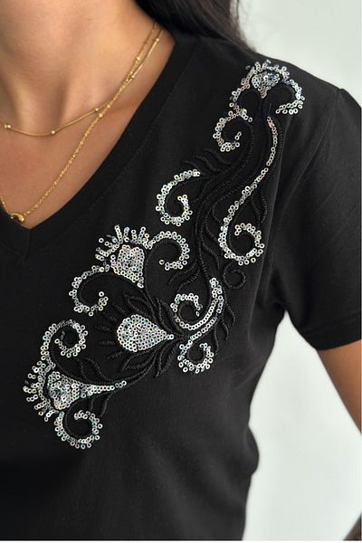 FEMELLE Tricou negru pentru femei, cu decolteu în V, cu paiete, brodat, 100% bumbac