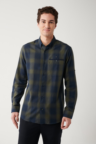 Avva Erkek Haki Düğmeli Yaka %100 Pamuk Ekoseli Nakışlı Gömlek A32Y2142