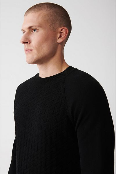 Avva Men's Black Crew Neck Raglan Sleeve Knitwear Sweater A32Y5155