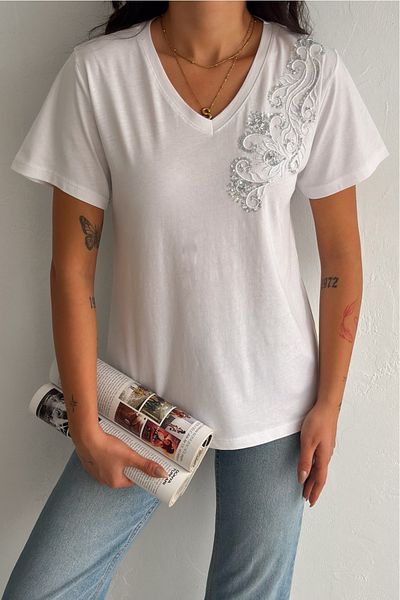 FEMELLE Tricou alb pentru femei, cu decolteu în V, cu paiete, brodat, 100% bumbac