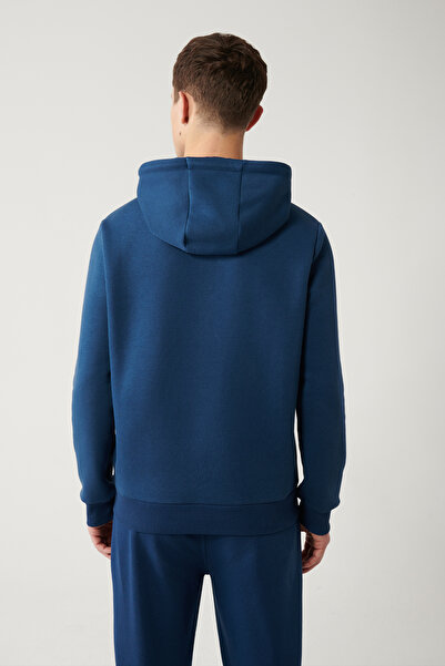 Avva Erkek İndigo Kapüşonlu 3 İplik Şardonlu Baskılı Sweatshirt A32Y1240
