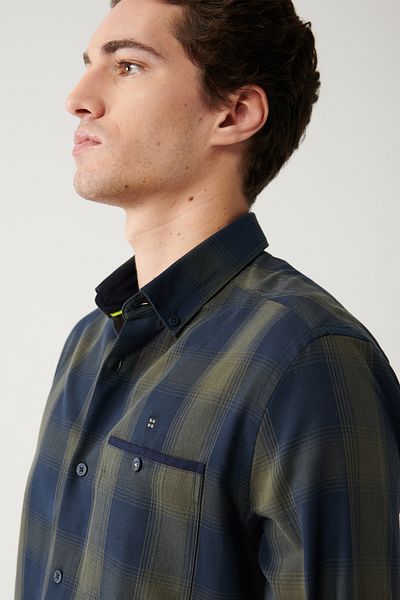 Avva Men's Khaki Buttoned Collar 100% Cotton Plaid Embroidered Shirt A32Y2142