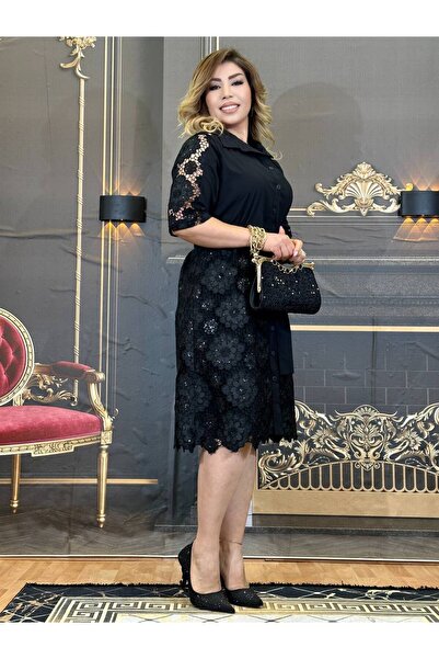Yeşilmoda elbise abiye, dantelı, krep yüksek kumaş, diz altı, siyah,yarasa kol.Taşli işlemeli,Düğmeli