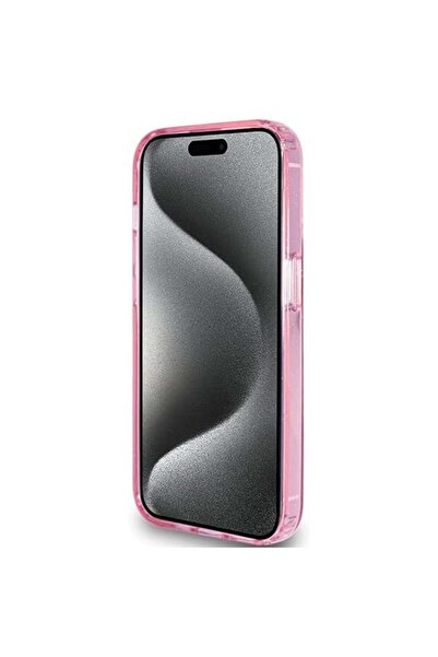 Guess Carcasă pentru iPhone 15 Pro cu suport inelar și sclipici - Roz