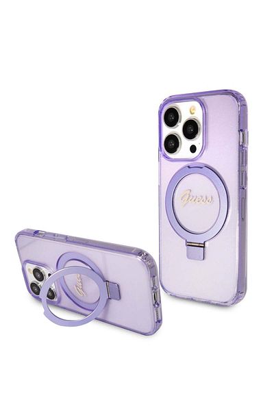 Guess Carcasă pentru iPhone 15 Pro cu suport inelar și sclipici - Violet