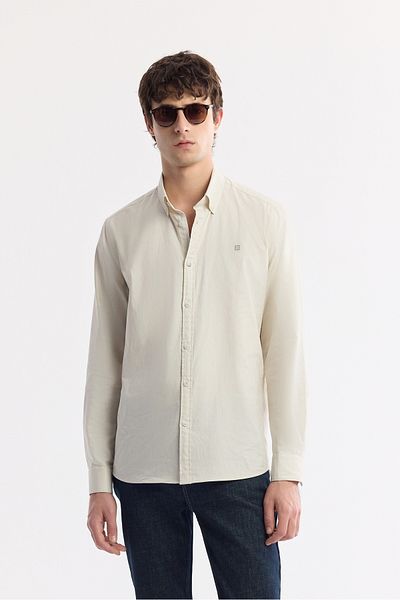 Avva Men's Beige Button Collar 100% Cotton Oxford Shirt B 002034