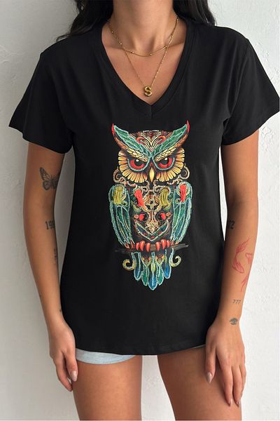 FEMELLE Tricou negru pentru femei, cu decolteu în V, cu paiete brodat din bumbac 100%.