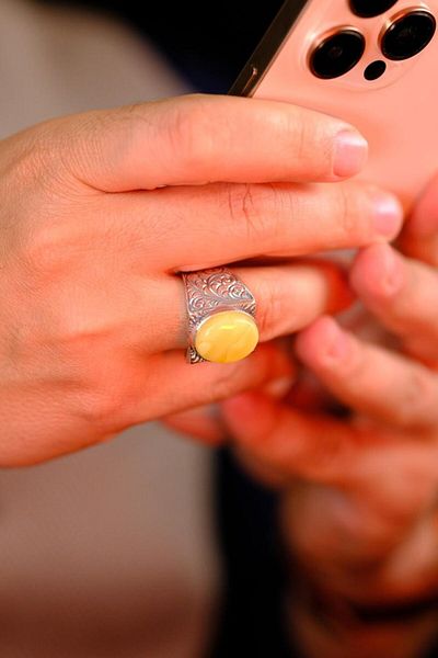 dergah tesbih Collectible Master Handcrafted Drop Amber Stone Silver Ring