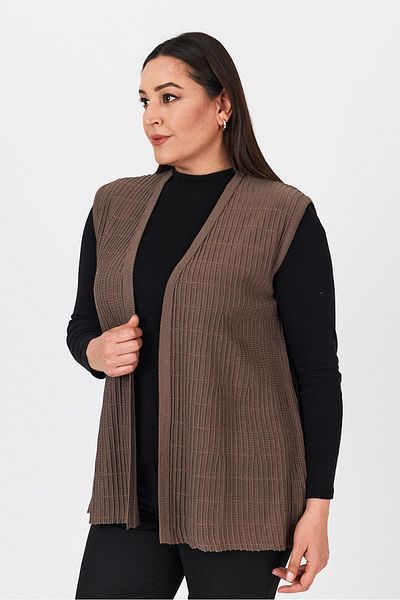 Uludağ Triko Women's Sand Ribbed Embroidered V-Neck Seasonal Knitwear Mom Summer Vest