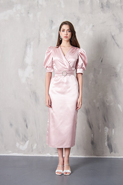 SEVGİHELLAÇ LAVİN kruvaze yaka kalem midi boy elbise