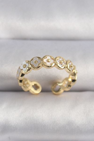 Skygo Brass Gold Color White Pearlescent Clover Model Women's Ring - Tj-Byk3498