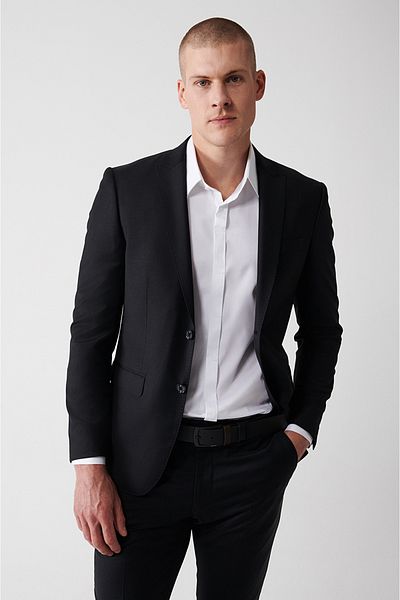 Avva Men's Black Swallow Collar Double Slit Lined Wool Suit B 007701