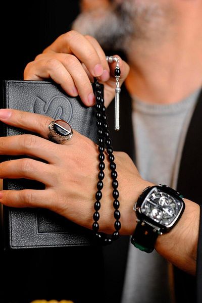 dergah tesbih Master Handcrafted Nakkaş İmame All Silver Design Black Crimped Amber