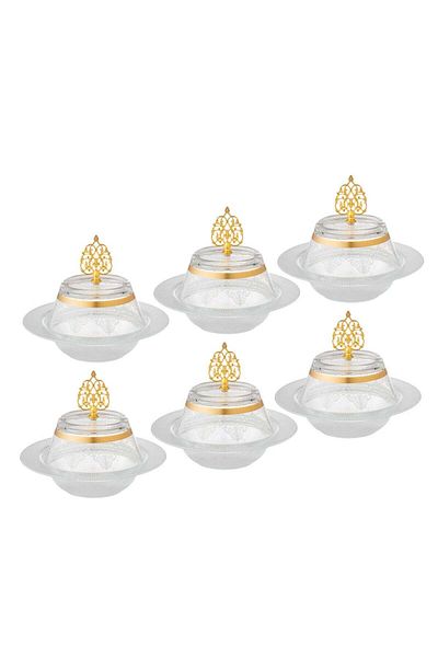 Byblos Turkish Glass Date and Sweets Bowl with Decor, Diameter 27 cm, Depth 5 cm, Set of 6