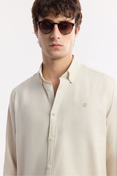 Avva Men's Beige Button Collar 100% Cotton Oxford Shirt B 002034