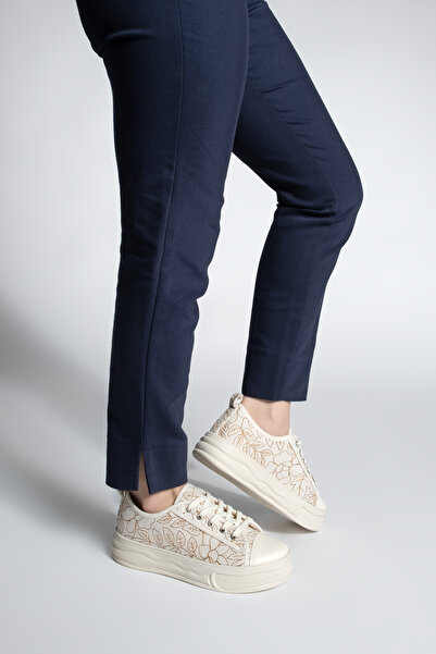 Marjin Women's Sneaker Embroidered Lace-Up Linen Sports Shoes Magis Ecru