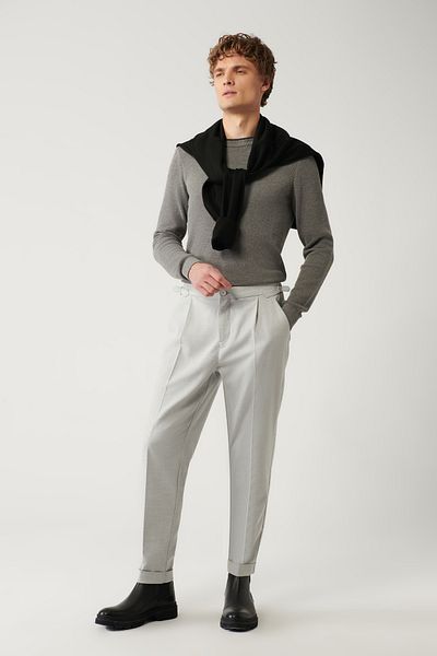 Avva Men's Light Gray Pleated Double Leg Trousers A32Y3084