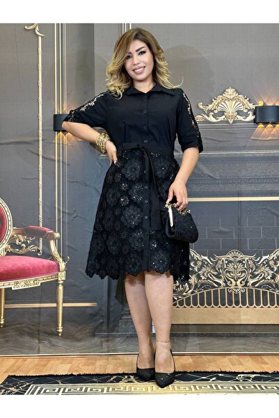 Yeşilmoda elbise abiye, dantelı, krep yüksek kumaş, diz altı, siyah,yarasa kol.Taşli işlemeli,Düğmeli