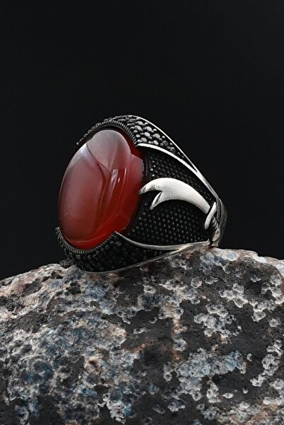 Prestige Hz. Ali Zülfikar Figürlü 925 Ayar Gümüş Erkek Yüzüğü Kırmızı Akik Ta...