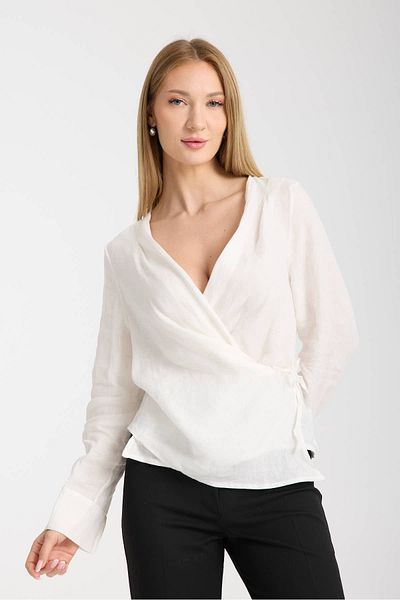 Moda Days White Shawl Front Cuffed Linen Blouse