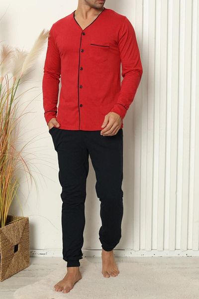 Tom John Men's Pajama Set Long Sleeve Pocket Cotton Lycra Red