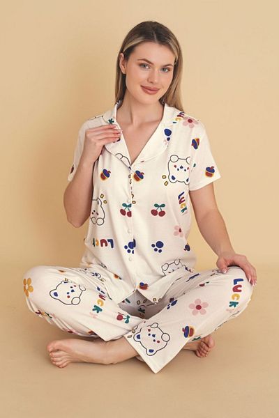 fehika Women's Cotton Lycra White Cherry Cat Print Buttoned Pajama Set