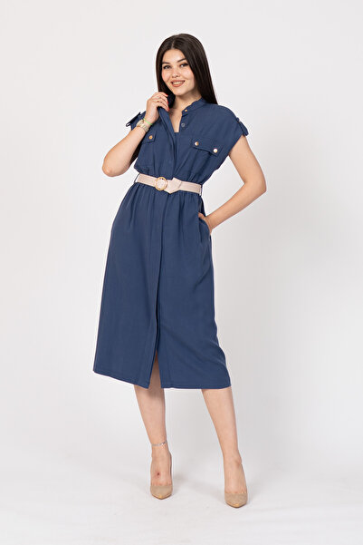 MissVina Μακρύ φόρεμα Power of Elegance με ζώνη με γιακά και πλήρη κουμπωτά 5...