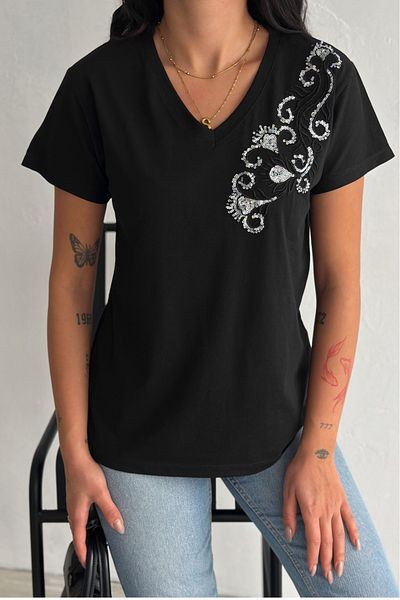 FEMELLE Tricou negru pentru femei, cu decolteu în V, cu paiete, brodat, 100% bumbac